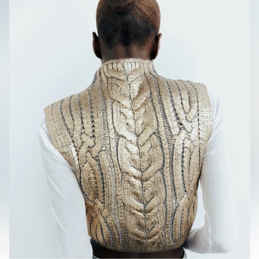 NWT - Zara Gold Metallic Cable Knit Sweater Vest - Picture 3 of 6